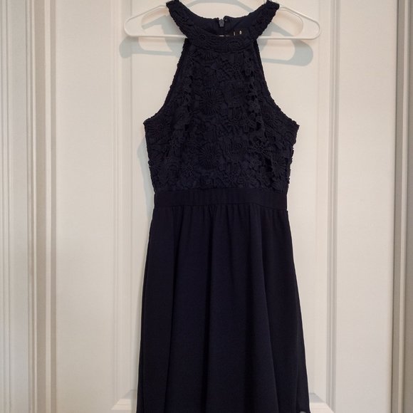 LULU'S navy blue Lovers Game lace chiffon swing dress, size S - Picture 5 of 10